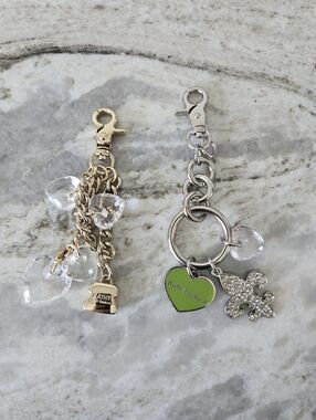 Lot Of 2 Kathy Van Zeeland Green Heart & Crystal Fleur Keychain/Purse Charm Duo